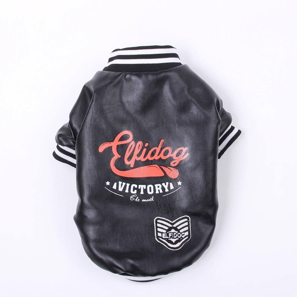Black faux leather fleece-lined dog coat with white stripes on the collar and an orange text design