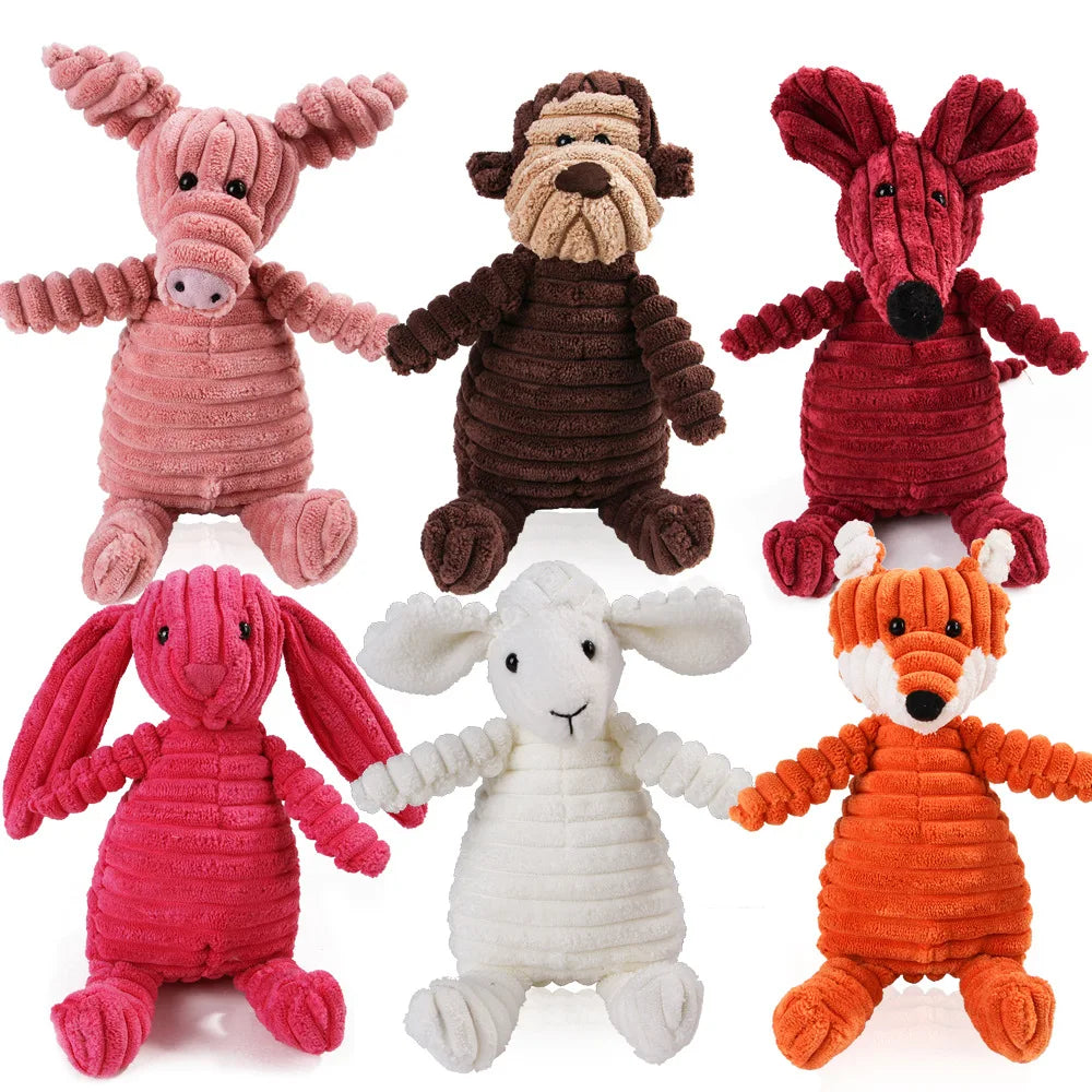 Collection de huit chiens en peluche et un renard en tissu texturé pour le masticage dentaire.