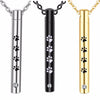 Three stainless steel pet memorial necklaces in silver, black, and gold finishes.