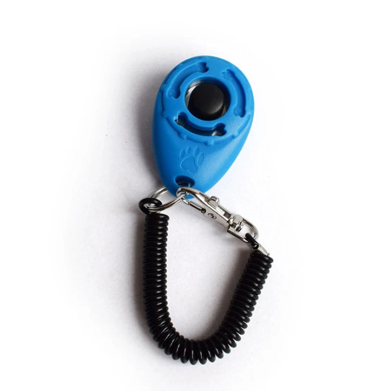 Blue pet training clicker with a black tip attached to a black wrist strap.