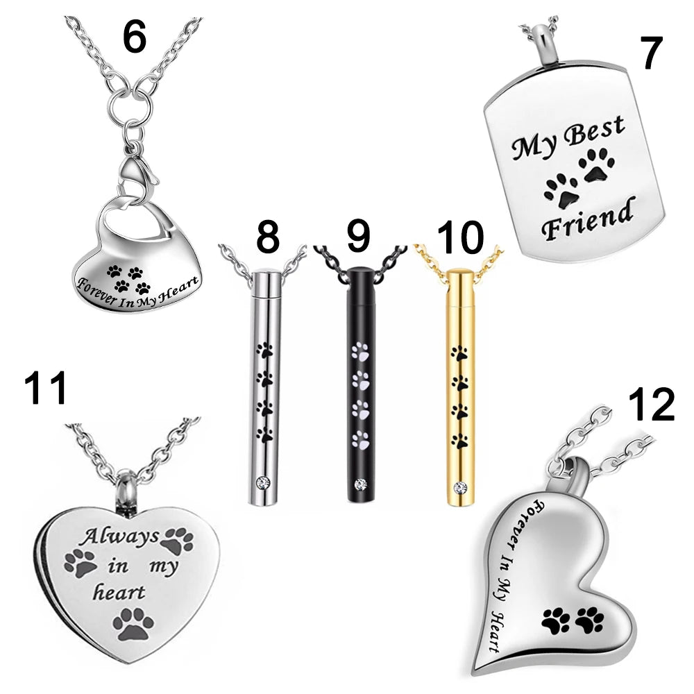 A collection of twelve stainless steel pet memorial necklaces featuring various designs like paw prints and hearts.