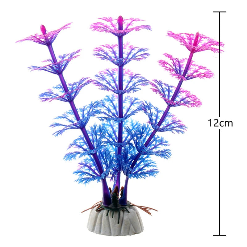 A vibrant artificial aquarium plant with purple and blue delicate flowers on a dark stem.