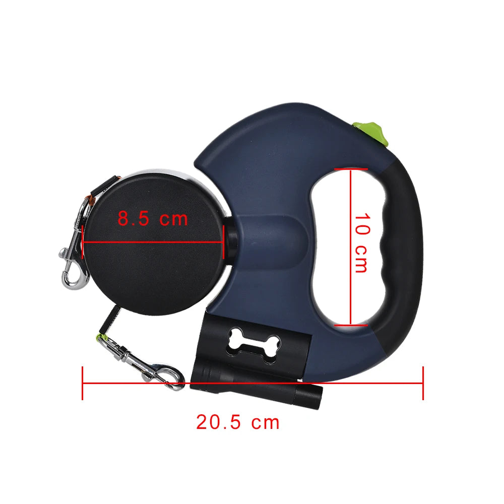 A dark blue retractable dog leash with a black handle and reflective nylon features are shown.