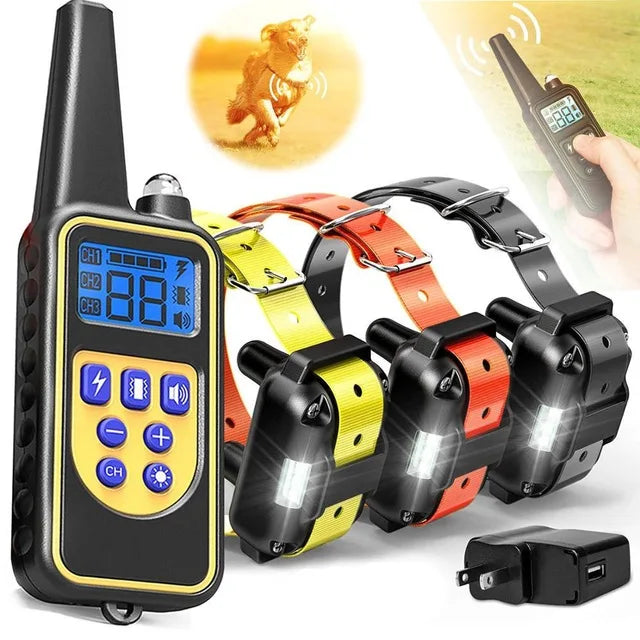 A black remote control dog training collar with multiple channels and a black transmitter and receiver unit.