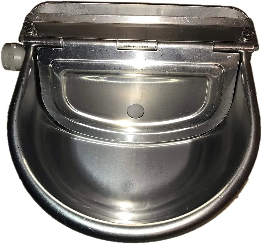 A stainless steel automatic floating water bowl designed for livestock.