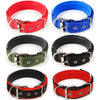 Four adjustable dog collars in red, blue, olive green, and black.