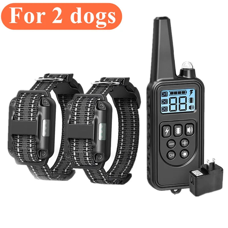 Black waterproof remote dog training collar and rechargeable transmitter for two dogs