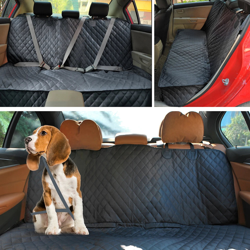 Housse de siège auto pour chien en cuir imperméable et matelassé gris foncé avec accoudoir, installée dans l'habitacle.