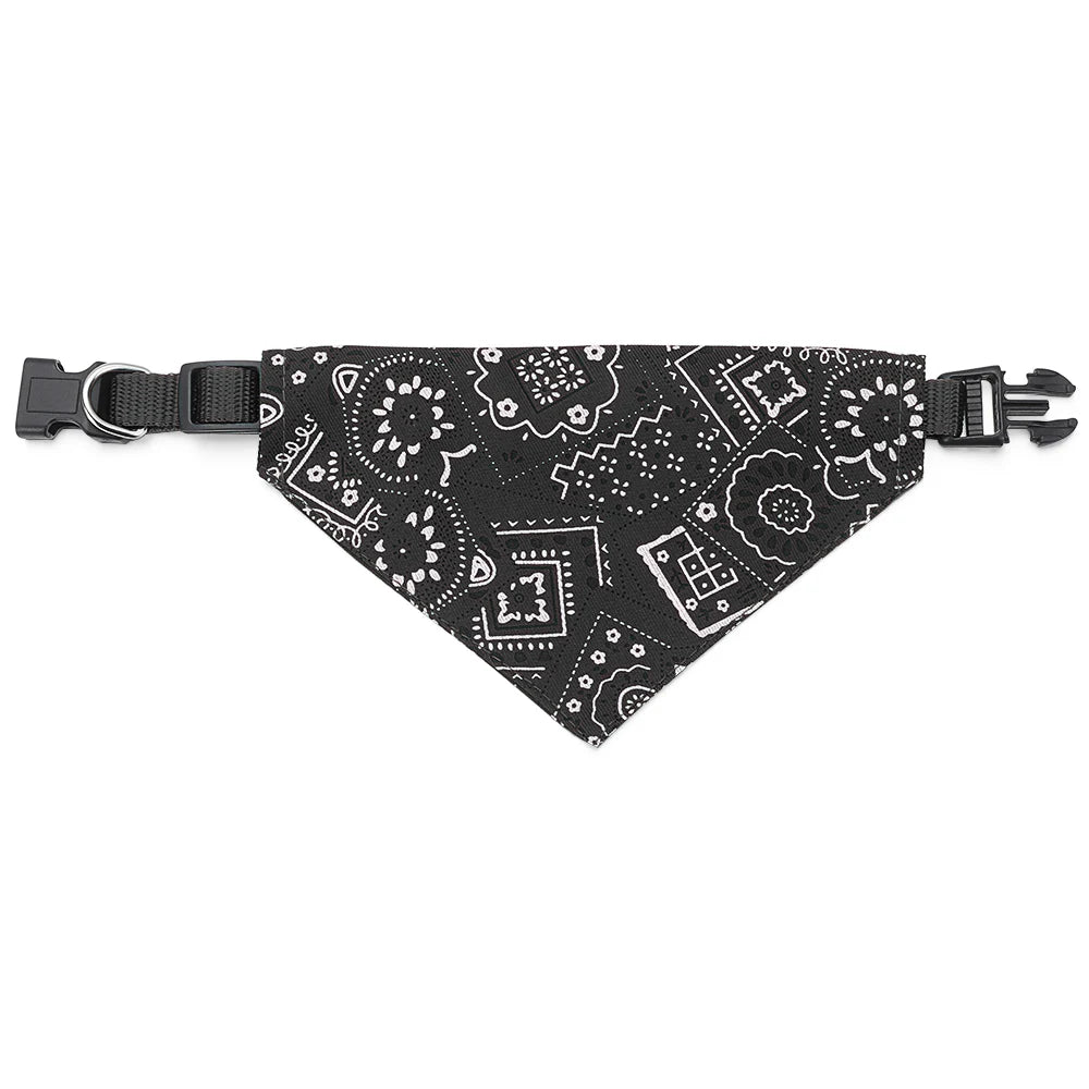 Black patterned bandana with black elastic strap for a cat or small dog
