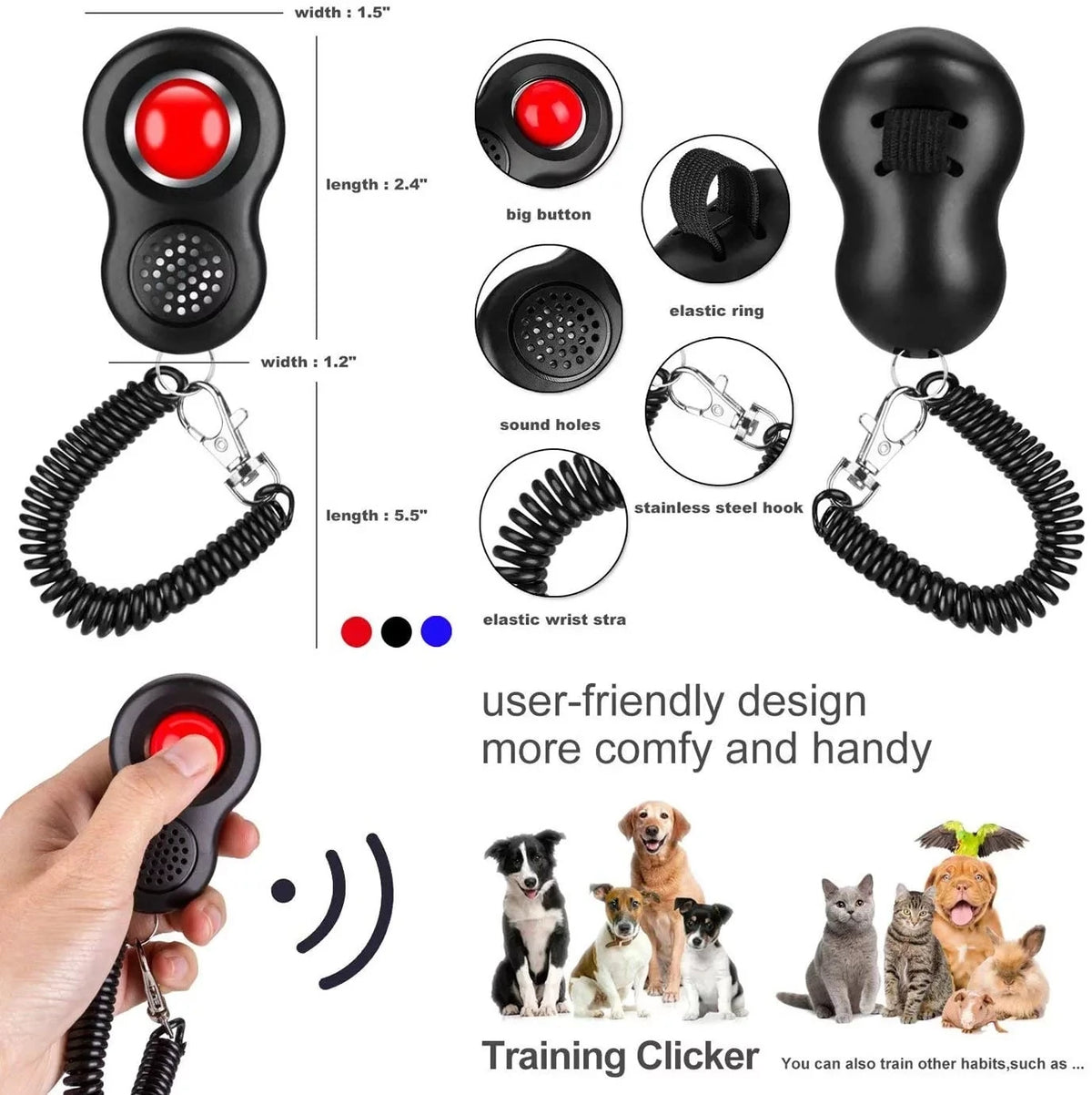 A black pet training clicker with a finger loop and elastic wrist strap shown alongside various components.