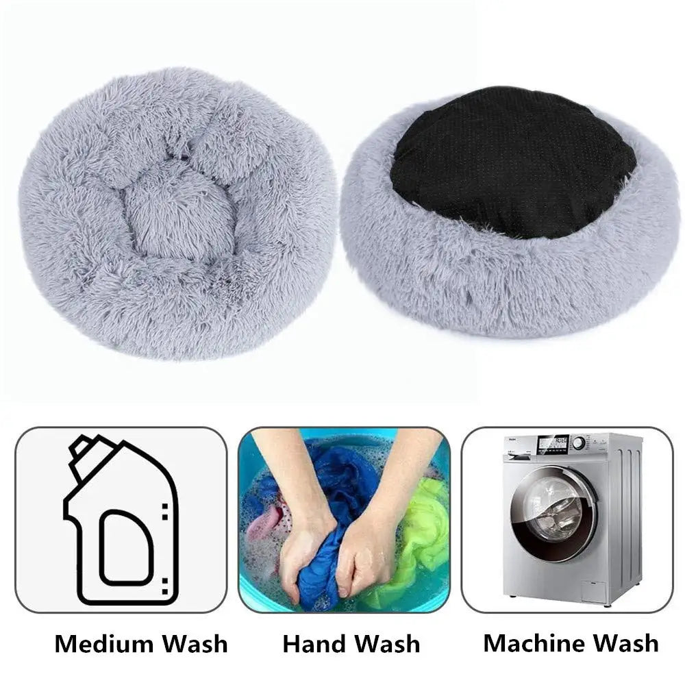 Round plush pet bed for dogs and cats shown with washing instructions for medium wash, hand wash, and machine wash