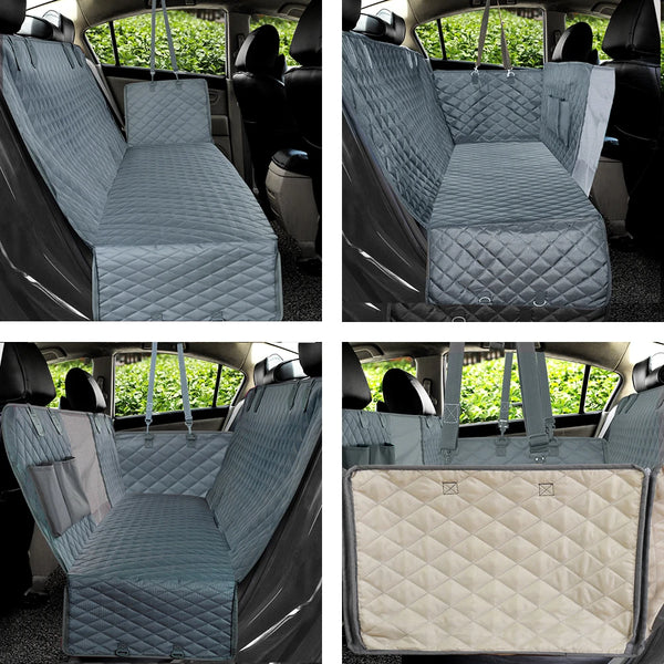 Close-up views of a waterproof dog car seat cover with a hammock design installed in a vehicle.