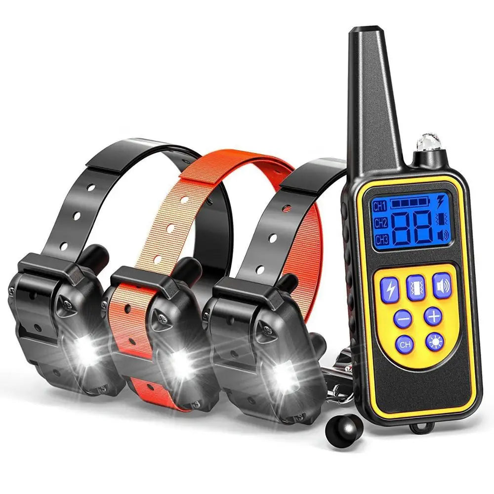 A black remote control dog training collar with a yellow keypad and LED light is shown.