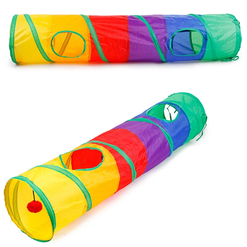 A colorful, collapsible pet play tunnel featuring multiple colored tubes and openings.
