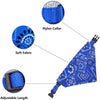 A blue patterned bandana with a nylon collar and adjustable length, designed as a triangle neckerchief for pets.