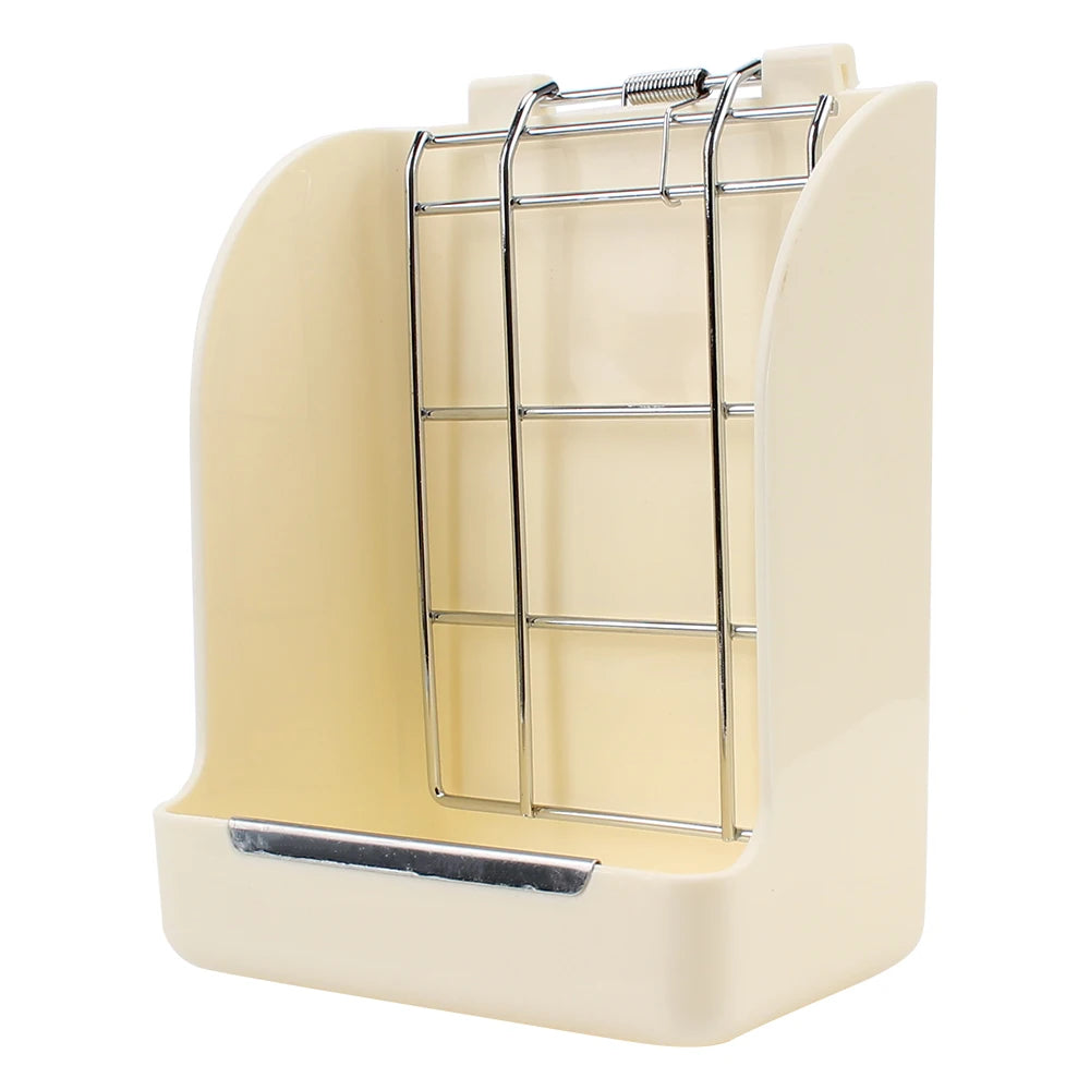 Étagère à foin pour lapin beige avec grille métallique et plateau coulissant pour l'entretien de la cage.