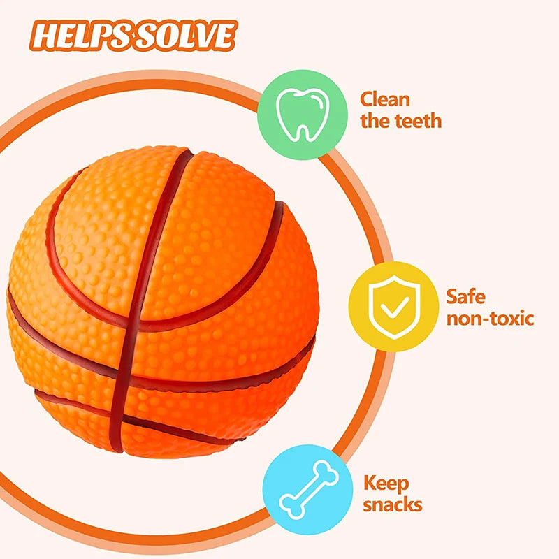 An orange rubber ball is shown with icons indicating it cleans teeth, is safe non-toxic, and is suitable for keeping snacks.
