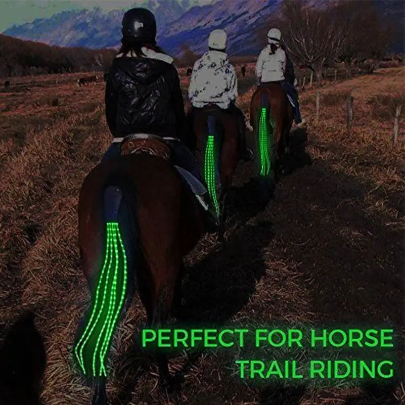 A horse riding trail in the sunset with riders and glowing LED lights on their tails.