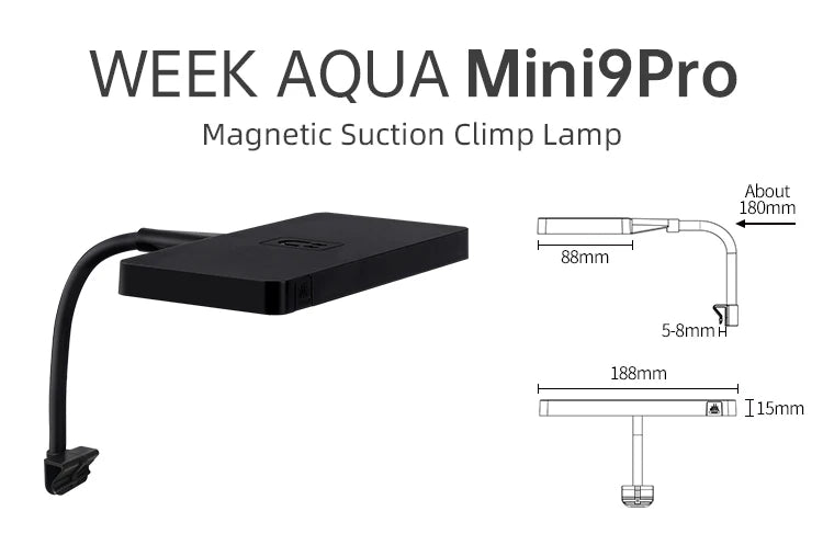 Black magnetic suction clamp lamp for aquariums, shown with various dimension diagrams.