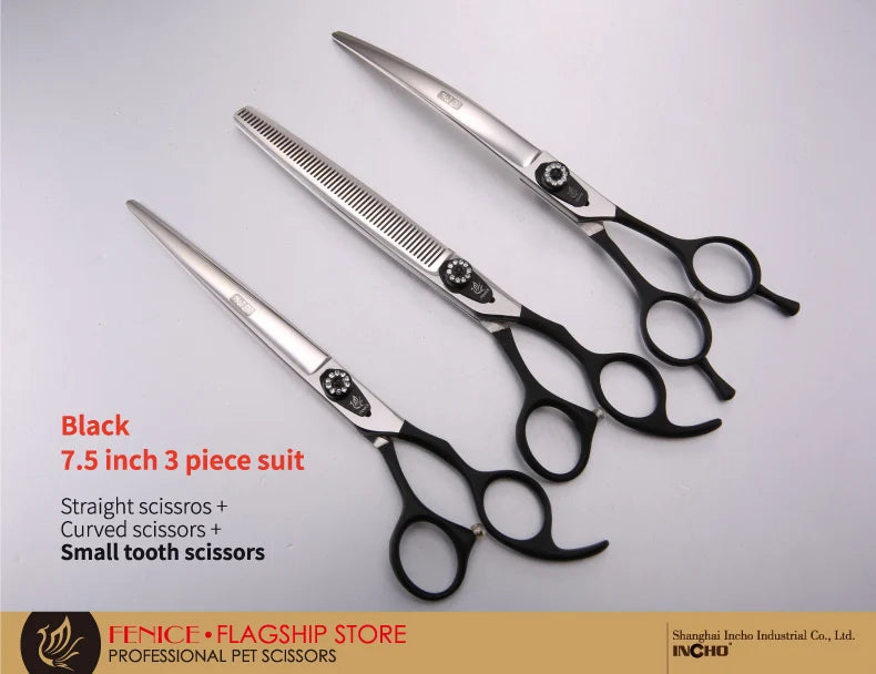 Professional 3-Piece Dog Grooming Scissors Set — Straight, Thinning & Curved