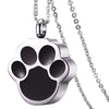 A silver stainless steel pet paw print necklace with a bail and chain.