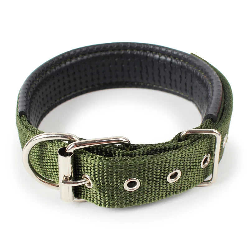 A close-up view of a dark green soft cotton adjustable dog collar with silver hardware.