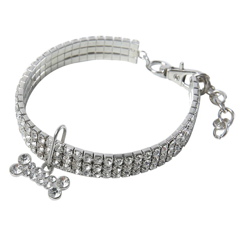 Silver rhinestone collar and pendant for a cat, featuring sparkling charms.