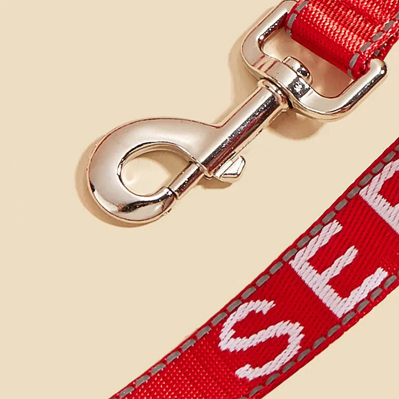 A close-up of a red reflective service dog leash with a silver metal clip and padded neoprene handle.