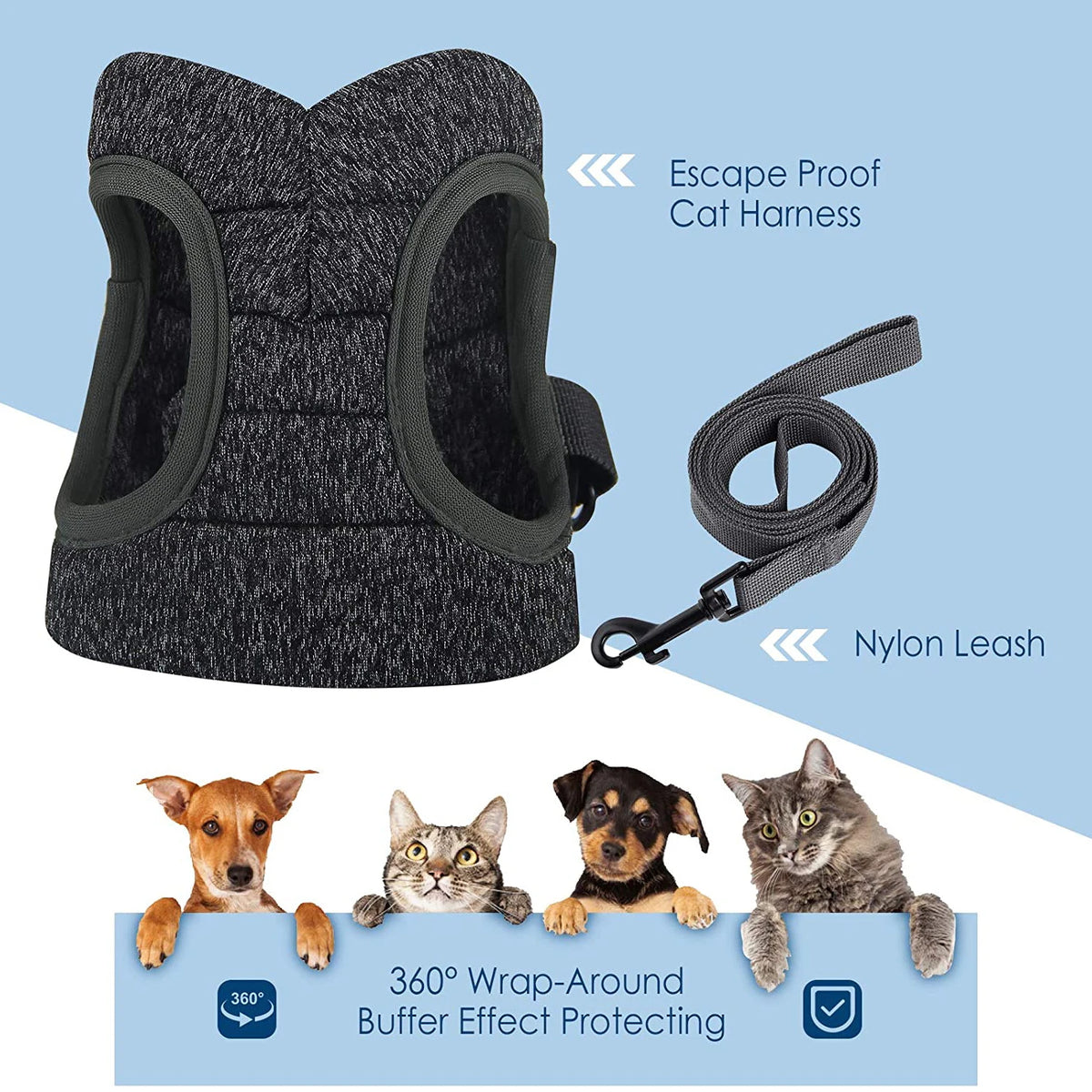 A black escape proof cat harness and nylon leash set shown with various cats.