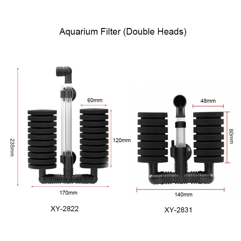 Aquarium filter with double heads, featuring black sponge filters and clear tubes.