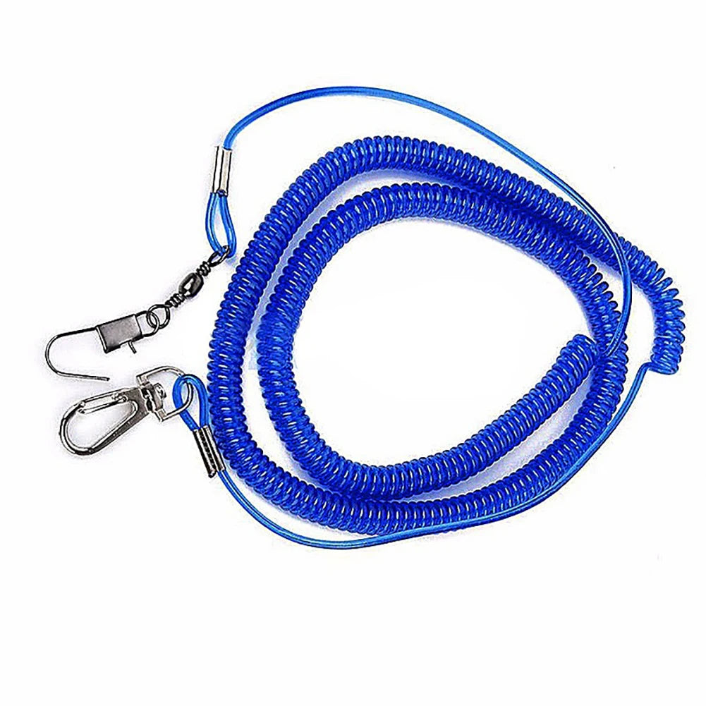 Blue coiled leash for parrot training, featuring a metal clip and handle.