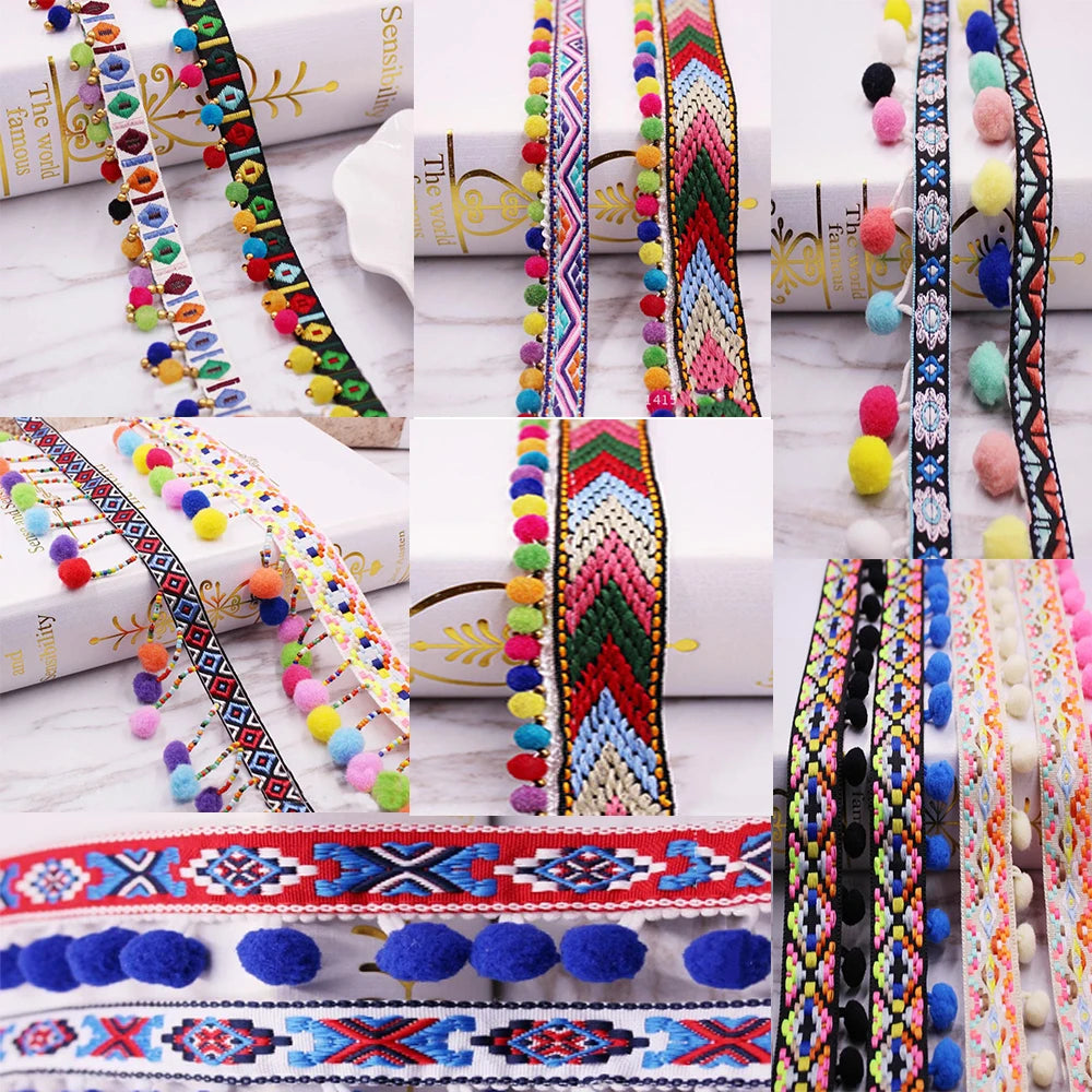 Colorful pearl pom pom fringe lace trim in various colors and patterns for sewing and DIY crafts