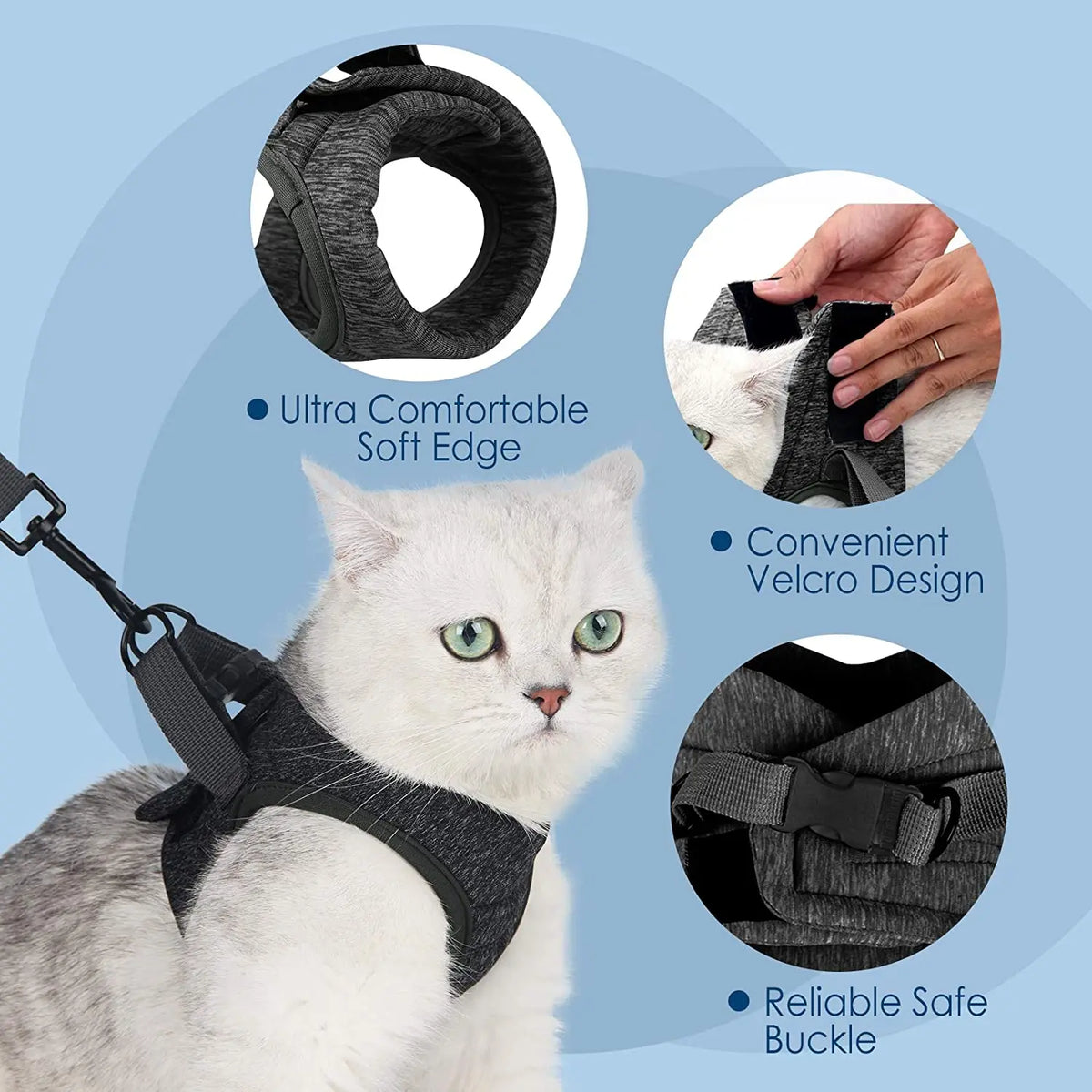 A gray cat wearing a black escape-proof harness and leash set, highlighting features like soft edges and velcro design.