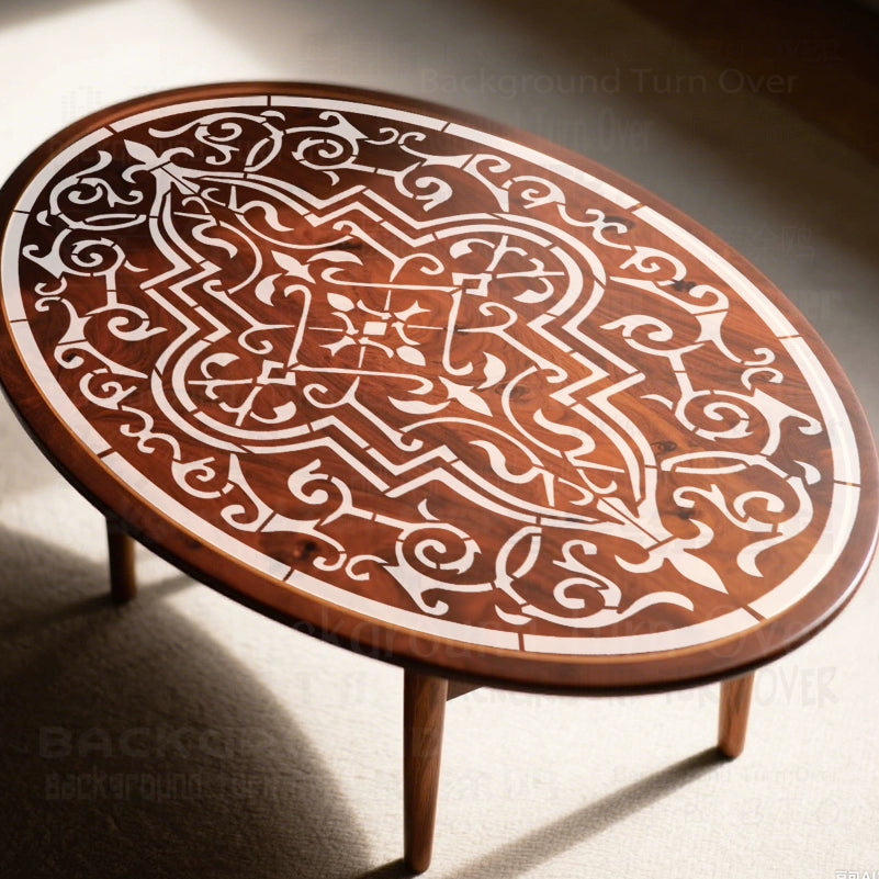 Table en bois avec des motifs de calligraphie arabe de chevaux sculptés sur la surface.