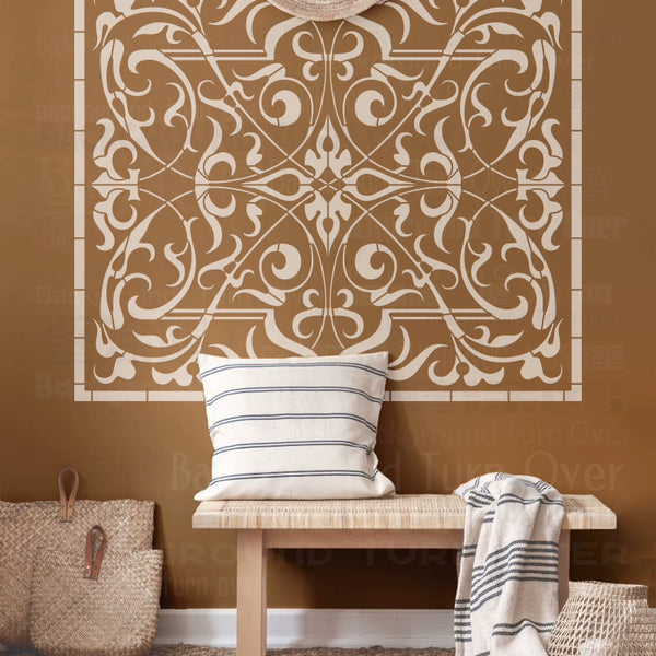 A beige wall stencil featuring intricate white Arabic horse calligraphy patterns on a brown background.