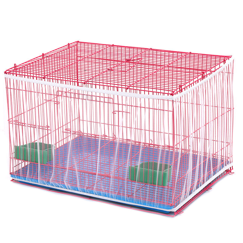 A red mesh bird cage with a blue base and green interior partitions.
