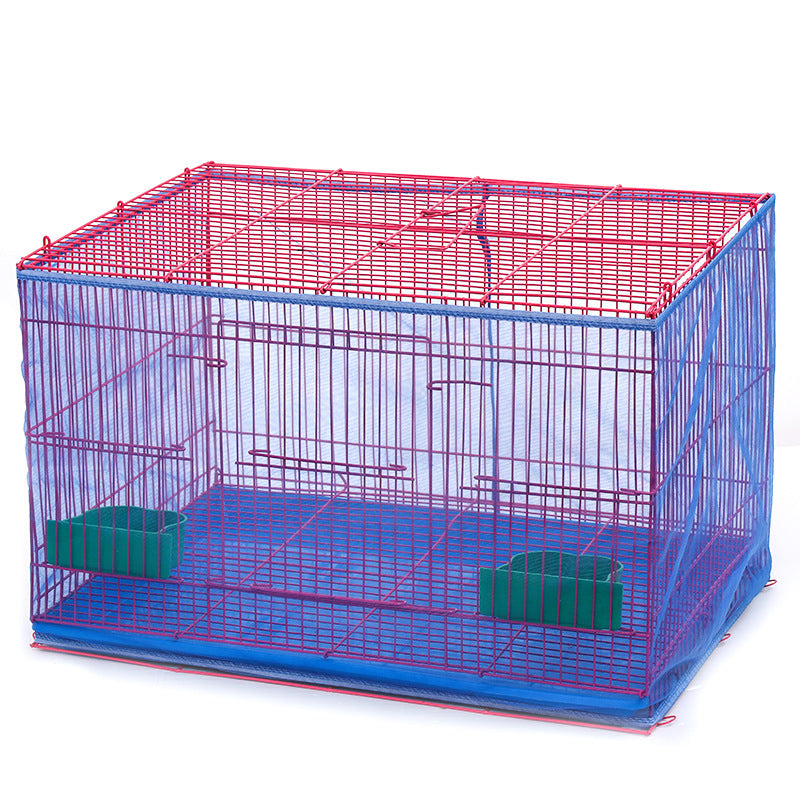A clear plastic bird cage with red and blue mesh panels and a blue base.