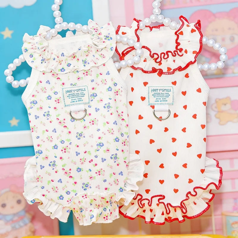 Floral Princess Pet Dress with Heart Print