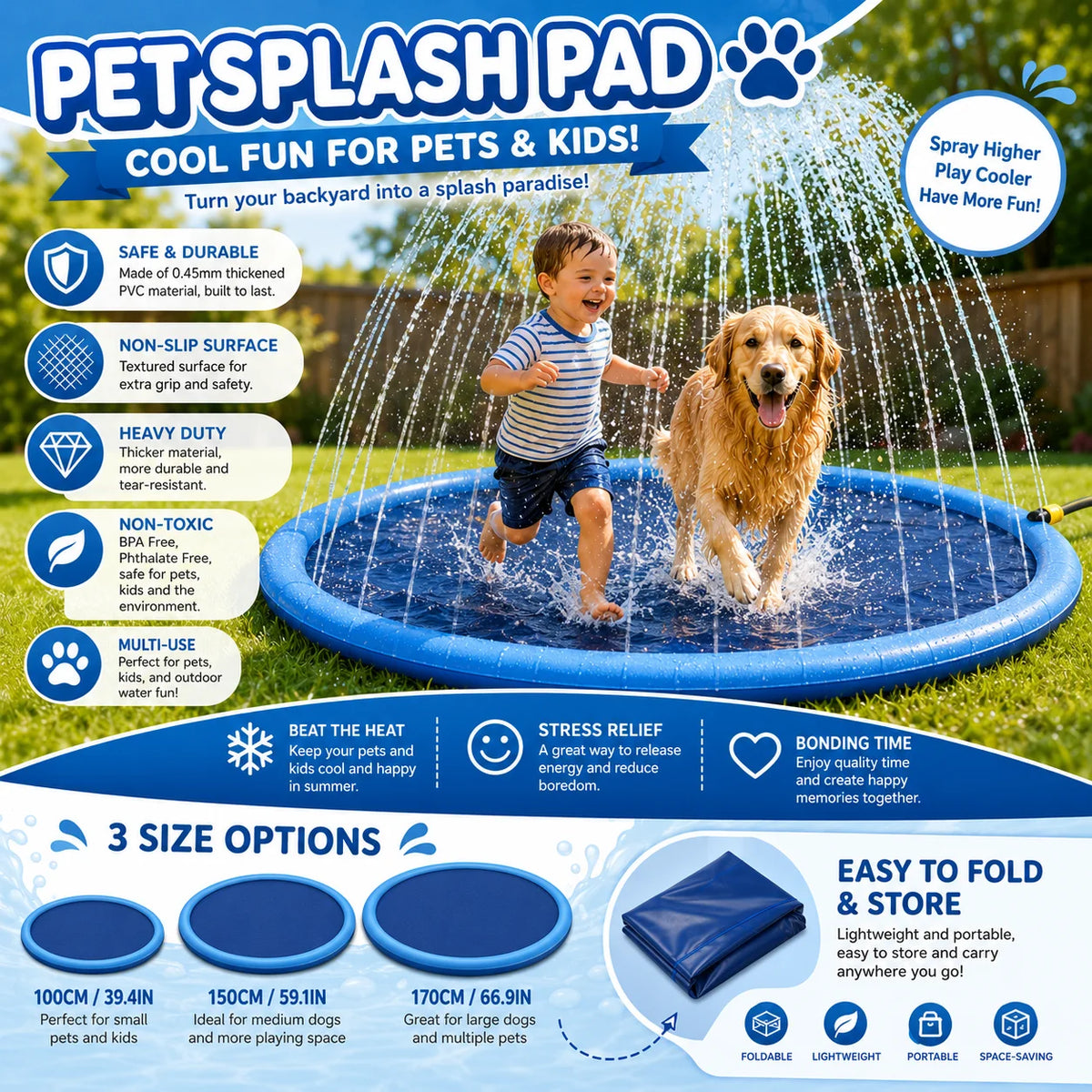 Blue inflatable pet splash pad with a sprinkler being used for outdoor fun