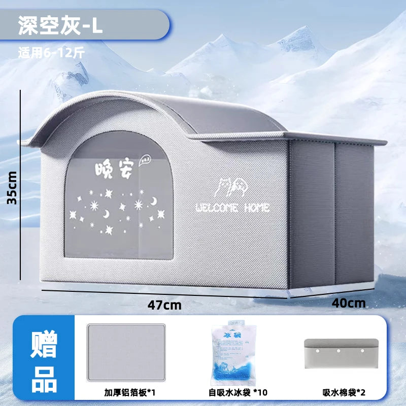 A gray cat cooling house designed for pets, shown in a snowy outdoor context.
