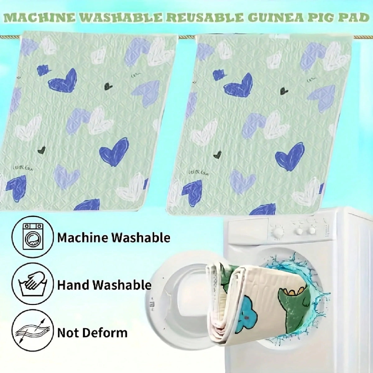 Waschbare wiederverwendbare Guinea-Pig-Matte mit hellem grünem Hintergrund und lila sowie blauem Herzmuster.