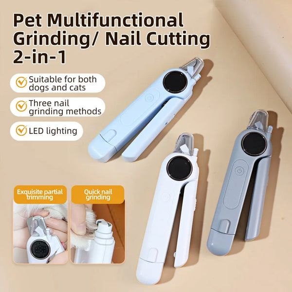 A set of pet multifunctional grooming tools including a nail clipper and grinder for dogs and cats with LED lighting.