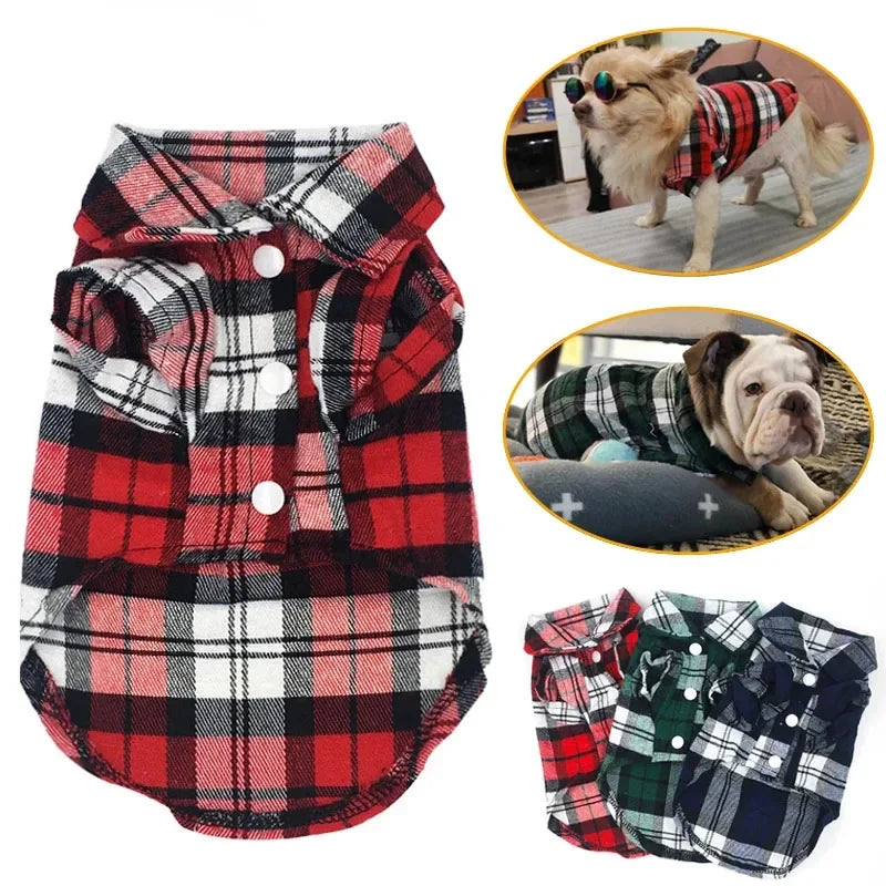 A red and black plaid vest for a dog, shown in various patterns and close-ups.