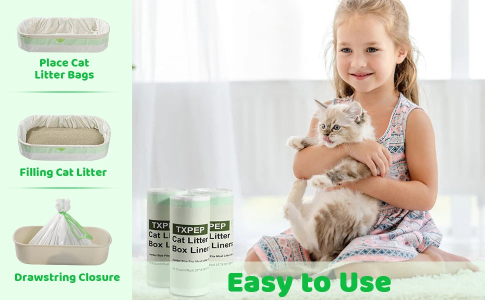 A girl is holding a cat while demonstrating the easy to use heavy duty cat litter box liners with drawstring closure.