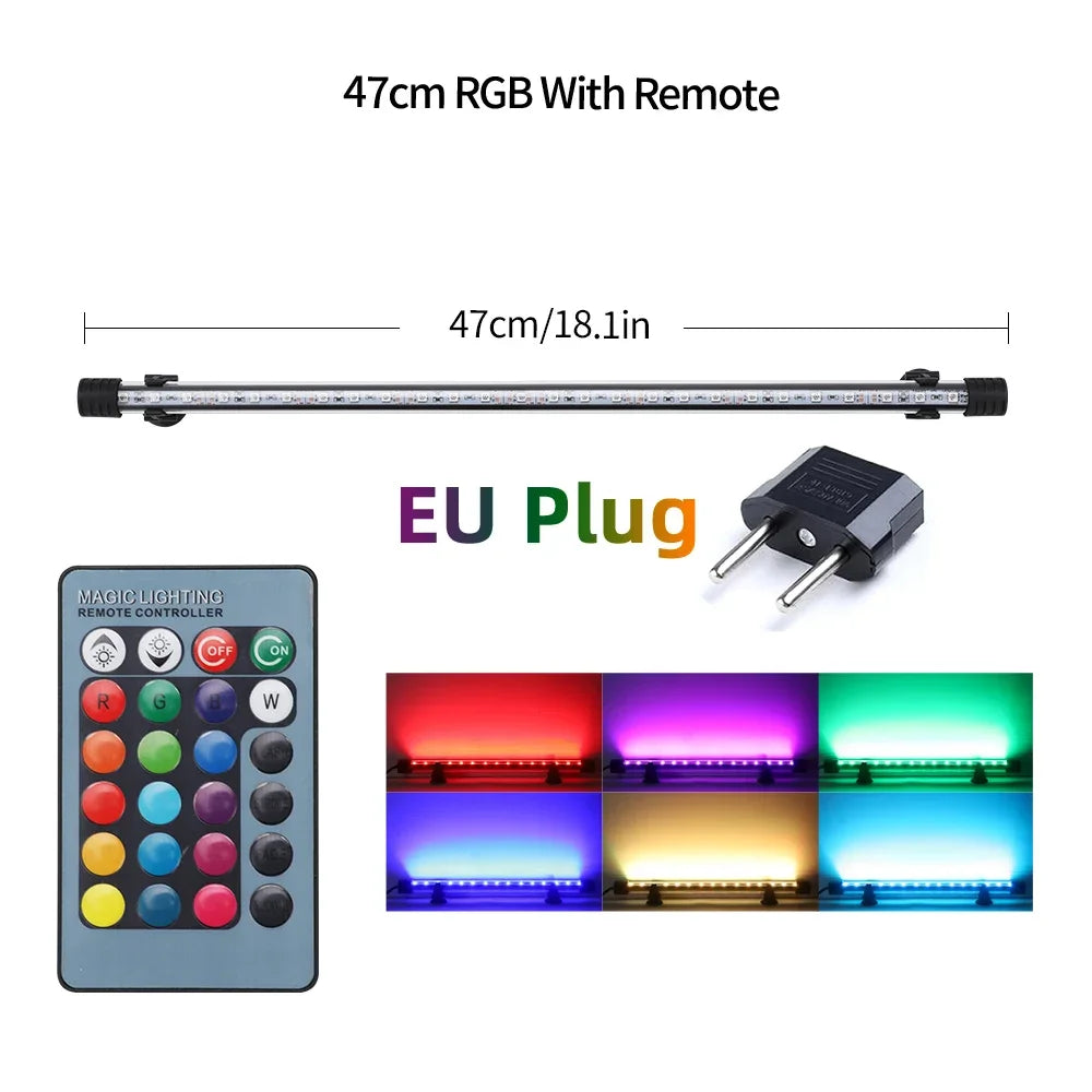 47cm RGB light with remote control and EU plug, showing various colored light effects.