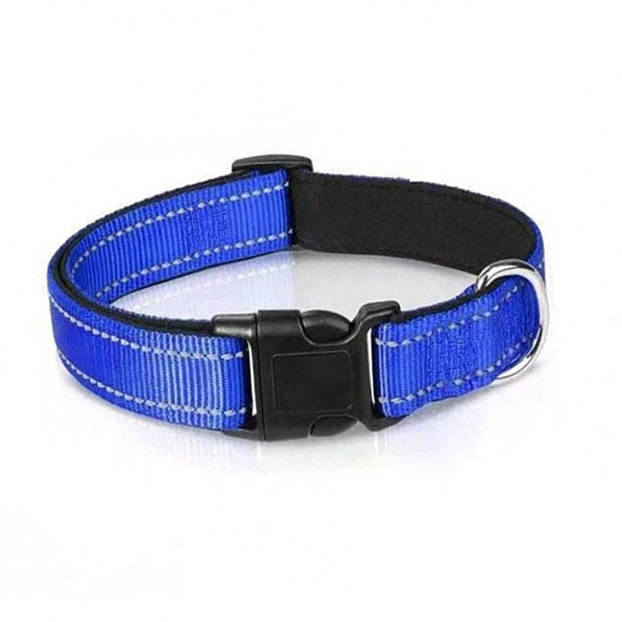 Blue and black padded dog collar with reflective safety stripes