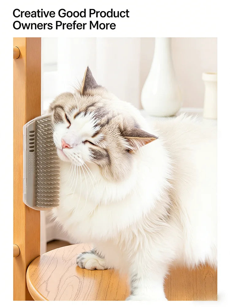 A fluffy white and gray cat is resting its head on a self-grooming massage comb mounted in a wooden frame.