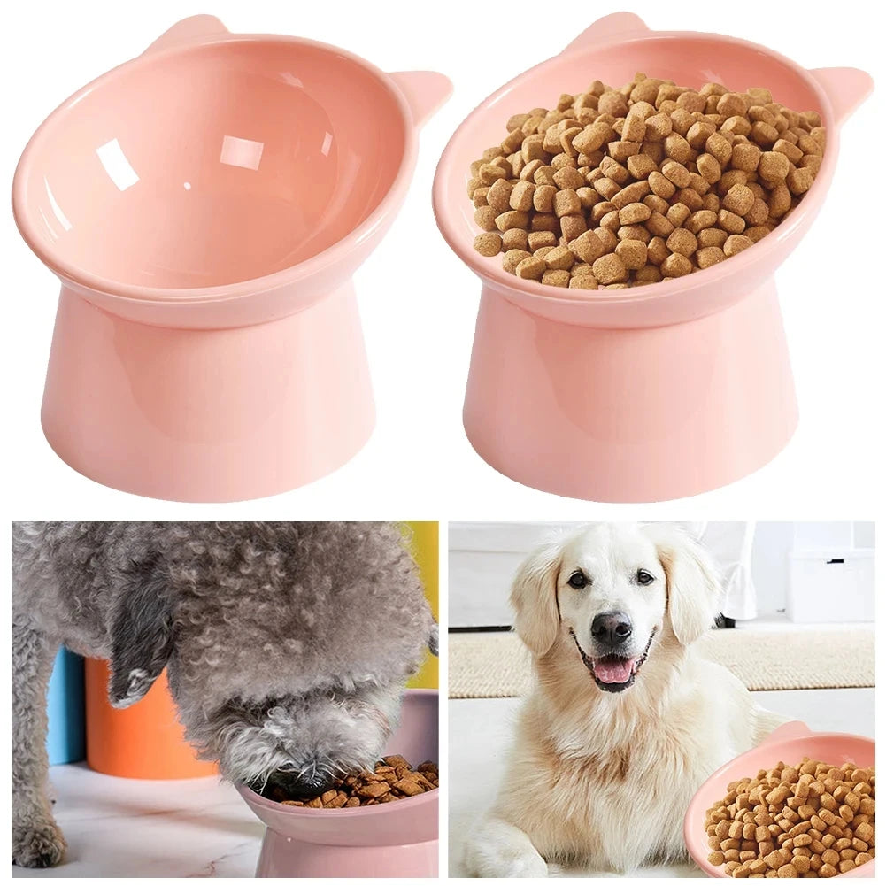 Pink pet feeding bowls for dogs and cats shown in various angles with dry kibble.