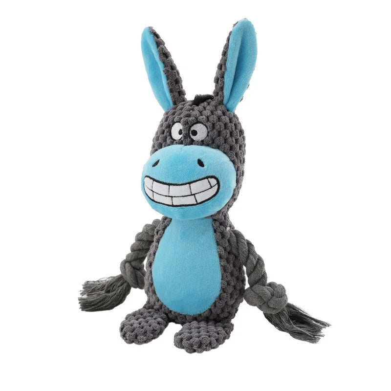 A gray and blue plush animal rope toy resembling a donkey or horse with long ears.