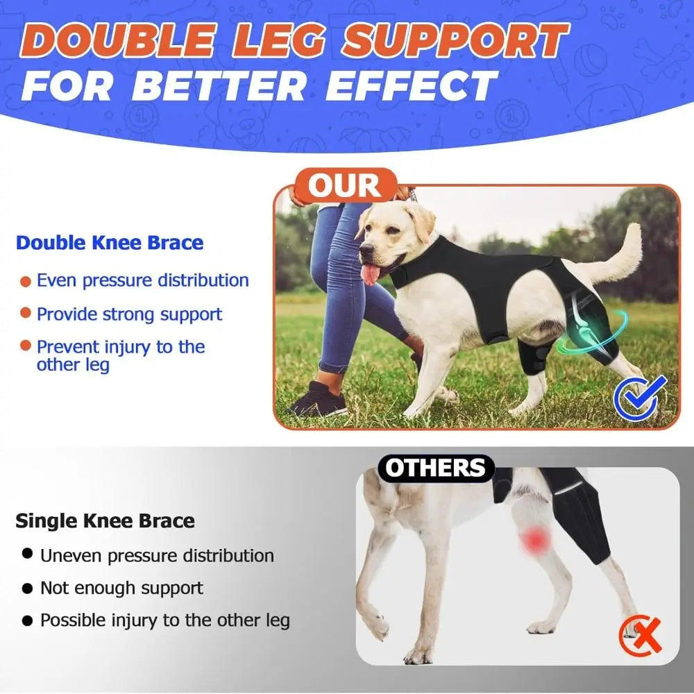 Soutien double pour pattes de chien, montrant la répartition de la pression et la protection du genou.